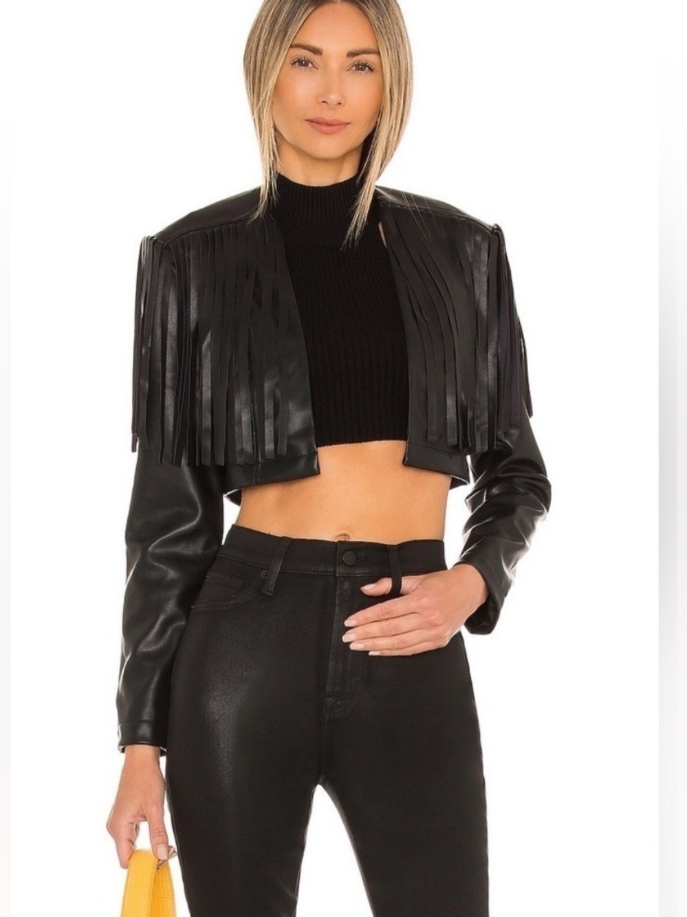 Lovers + Friends Black Cropped Fringe Faux Leather Jacket Xs